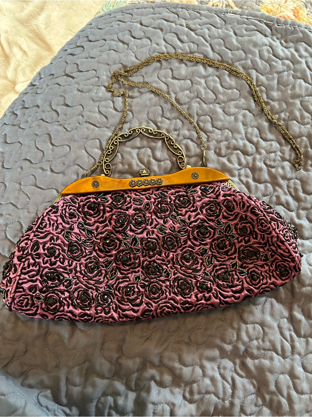 Purple Floral Beaded Evening Clutch with Gold Trim